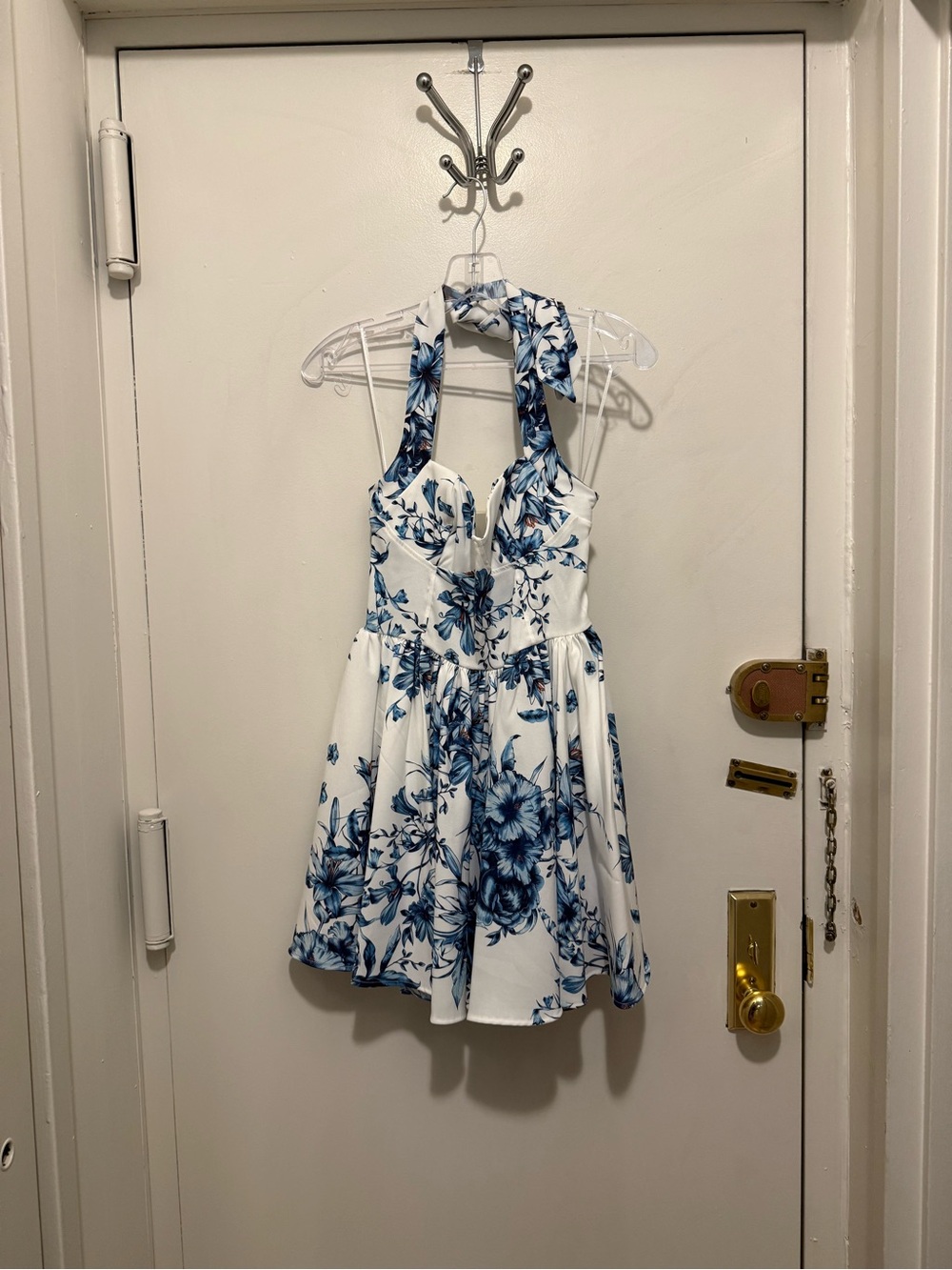 White Halter Dress with Blue Floral Print